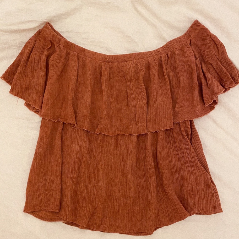 Aritzia Off-The-Shoulder Blouse in Terracotta